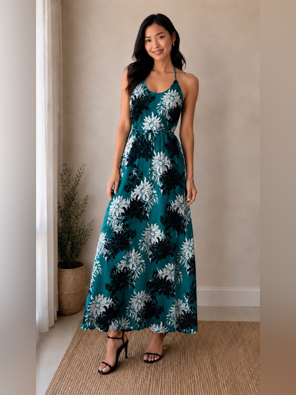 LOFT Teal Floral Print Halter Maxi Dress Petite 8